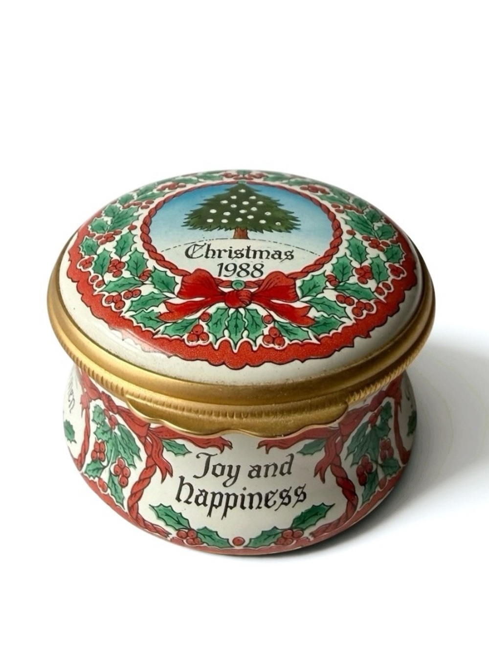 Halcyon Days 1988 Christmas Tree Holly Berries Bow Round Enamel Trinket Box